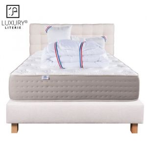 Ensemble Matelas 140x190 cm, Dreamlux, 26 cm, ressorts ensachés mousse mémoire de forme, ferme, face été/hiver + sommier beige ep20cm + 2 oreillers + couette + Tête de Lit
