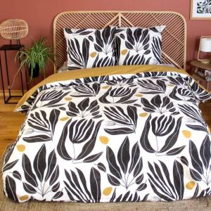 Coté Déco Parure de lit - NOLIE - 220x240 cm - 100% Coton - Motif Tropical Noir et Jaune Moutarde - Réversible