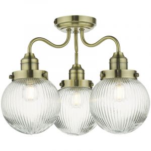 Dar Lighting Dar Tamara Plafonnier semi-encastr&eacute; &agrave; 3 lumi&egrave;res pour salle de bain, laiton antique, verre nervur&eacute; IP44