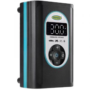 Ring Automotive RTC4000 Gonfleur de Pneu sans Fil Pompe à air Rechargeable Arrêt Automatique Lumière LED Écran numérique Fonction mémoire Boîtier et Adaptateur