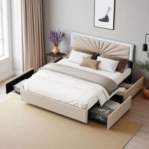 Lit 160x200 cm - tissu en lin - 4 tiroirs - LED - cadre de lit double 160x200 cm - Beige