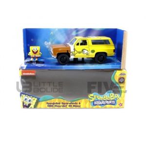 Jada Toys Blazer 1:32 HWR – 1980 Chevy K5 avec Figurine Bob l'éponge Sponge Voiture Miniature de Collection, 31798Y, Yellow/Brown, Taille Unique