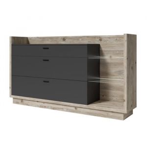 Buffet design XL 200cm - PRICE FACTORY - CORK - 3 tiroirs - &eacute;tag&egrave;res - Gris anthracite et pin