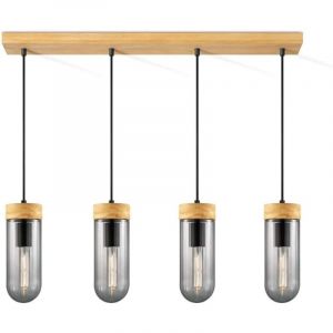Lustre Moderne Home Sweet Home Capri : Élégance Noire, Verre Fumé & Bois, 4 Ampoules LED E27, Hauteur Réglable pour Salon, Cuisine