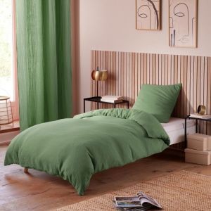 L'effet Papillon - Pack Housse de couette 140 x 200 cm Gaze de coton + drap housse 90x190 Olive