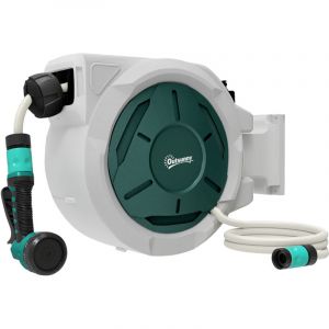 Outsunny Enrouleur Tuyau Arrosage Mural - 30 m x &Oslash; 15 mm - R&eacute;tractable Automatique Pivotant &agrave; 180&deg; - Buse &agrave; 7 Modes - gris