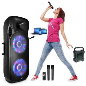 Image de Enceinte 1000w Active portable et autonome sur batterie - 2 Micros sans fil grande portée idéal karaoké - BLUETOOTH USB RADIO FM