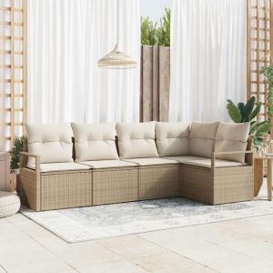VidaXL Ensemble de canap&eacute;s de jardin 5 pi&egrave;ces avec coussins beige poly rotin, Canap&eacute; de jardin 2 places avec rangement et coussins bei