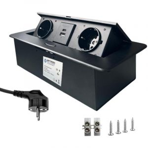 Multiprise Escamotable &agrave; Encastrer 2 Prises schuko, 2 Ports usb(a+c) et C&acirc;ble de 3 M&egrave;tres pour Bureau, Salle de R&eacute;union et Plan de Travail (Noir)
