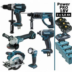 Makita Pack Power pro 6 outils 18V: DDF458 + DHR202 + DGA504 + DTD152 + DSS610 + Lampe + 3 batt 5Ah + 4 Coffrets