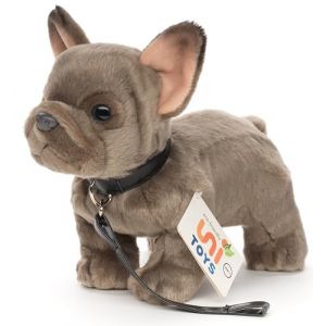 Uni-Toys - Bouledogue français (Gris), avec Laisse - 26 cm (Longueur) - Chien, Animal de Compagnie - Peluche