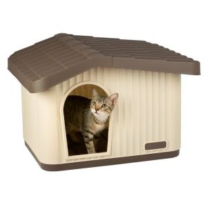 VOUNOT Maison pour Chat Imperméable avec Toit Incliné Niche Extérieur Intérieur avec Aération et Pieds Antidérapants 60x51x41cm Abri Confortable pour Chat Chien et Lapin Beige
