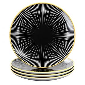 Intirilife 4x Assiettes en porcelaine en Rayé - Noir Blanc avec Diamètre 15.3 cm - Assiette pour petit-déjeuner, à dessert
