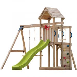 Axi Moos Aire De Jeux En Bois Avec 2 Balançoires, Echelle En Corde, Toboggan Vert Citron / Aire De Jeux Extérieur Balançoires/ Bac À Sable/Mur D'escalade | Portique Balançoire/Jeux En Bois Extérieur