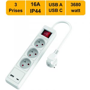 Arcotec Multiprise 3 prise avec interrupteur + 1xUSB a - 1xUSB c - garantie 2 ans