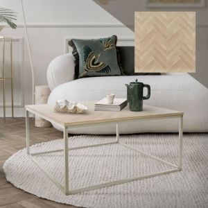 Ml-design - Table Basse, 80x80x40 cm, en Acier, Aspect Chêne à Chevrons, Marron, Structure Métallique Dorée, Plateau en Panneau de Particules, Design