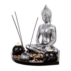 Image de Coffret ZEN Statuette Bouddha H 36cm sur un plateau en bois avec photophores, porte-encens, cailloux etc...