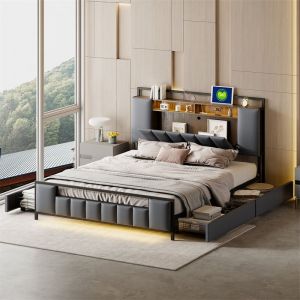 Lit double capitinné, cadre en fer avec LED, prise USB, 4 tiroirs, sommier à lattes et tête de lit rangement, simili cuir, gris 160x200cm