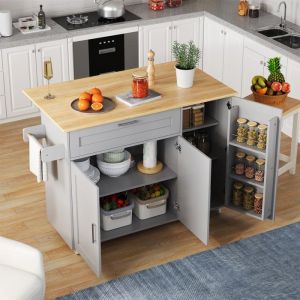 &Icirc;lot de Cuisine Extensible,Roulettes 360&deg; Avec Tiroirs et Rangement Multi-zones,Plan de travail rabattable,Gris