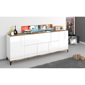 Alter Buffet moderne &agrave; 6 portes, Made in Italy, Buffet de cuisine sur&eacute;lev&eacute;, Buffet design de salon, Cm 200x40h82, Blanc brilla