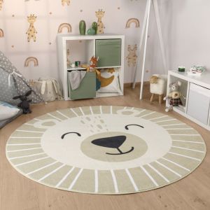 Paco Home Tapis Rond Chambre Enfant Bebe Fille Garcon Tête De Lion Tête d'ours Lavable en Machine Moderne, Dimension:100 cm Rond, Couleur:Beige
