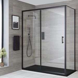 Image de Hudson Reed Cabine de douche d&rsquo;angle &agrave; porte coulissante avec receveur de douche &ndash; Noir &ndash; Tailles multiples - Nox