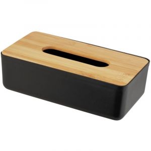Wenko Boîte à mouchoirs Rotello, pour lingettes cosmétiques ou mouchoirs en boîtes cartonnées standard, en plastique, couvercle en bambou, retrait facile, 24 x 7,5 x 12,7 cm, noir/couleur naturelle