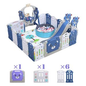 Parc Bébé 12+2 Panneaux - Magic Zc Clôture Pliant De Multifonction, Avec Balançoire, Toboggan Et Boule De L'océan - Wlc Bleu Gris