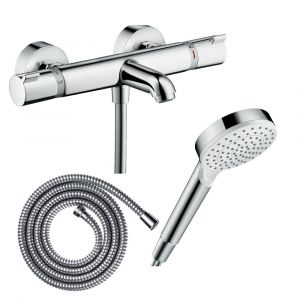 Hansgrohe Pack mitigeur bain thermostatique Ecostat Comfort + Flexible Metaflex 1,6m + Pommeau Vernis Blend EcoSmart chromé