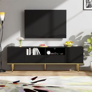 Meuble TV 165x36x55cm, avec 2 portes, 2 tiroirs et 2 compartiments, pieds dorés et bord doré, Noir