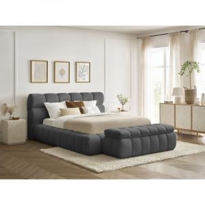 Bobochic Lit coffre mont-blanc + Bout de lit mont-blanc tissu bouclette 180x200 + bout de lit 140 Gris foncé