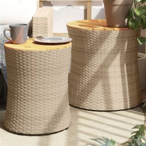 VidaXL Tables d'Appoint de Jardin Dessus en Bois 2pcs, Tables Basses, Meubles de Terrasse Patio Arrière-cour Extérieur, Beige Résine Tressée