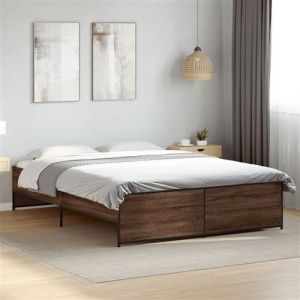VidaXL Cadre de lit ch&ecirc;ne marron 160x200 cm bois d'ing&eacute;nierie et m&eacute;tal, lit, lit d'invit&eacute;, lit double, meuble de chambre &agrave; coucher, sommier