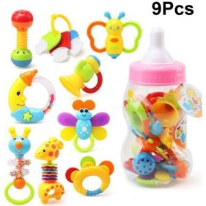 Haopyou 9pcs Bébé Dentition Hochet Ensemble Avec Biberon Nourrisson Saisir Jouet Secouant Cloches Mis Au Début Jouets Éducatifs