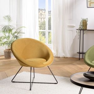 Macabane Agathe - Fauteuil tissu velours jaune moutarde pieds croisés métal noir