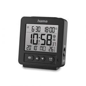 Hama Reveil Numérique LDC (Mini Réveil Radio-Piloté DCF, 2 Alarmes avec Acceleration, Snooze, Date, Température, Rétroéclairage avec Capteur, Réveil de Voyage Compact, Horloge de Bureau) Noir
