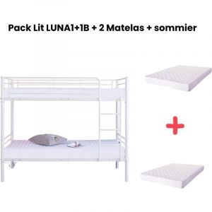 Pack Lit superposé luna 1+1 90x190 cm Blanc + Matelas + Sommiers Séparable