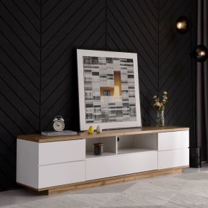 Meuble TV moderne 180 x 38 x 46 cm - Avec 5 portes - Effet bois - MDF - Blanc + Naturel