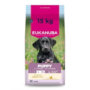 Eukanuba Life Care Croquettes Chiots Grande Race 1à 12 Mois, Riche en Poulet Frais, Croissance optimale - DHA, Calcium, Oméga 3&6, prébiotiques FOS, sans colorants, arômes artificiels ni OGM – 15 kg