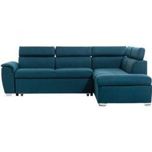 Loungitude Canap&eacute; D'angle Convertible Paola 4 Places Avec Coffre En Tissu - Bleu - Angle Droit