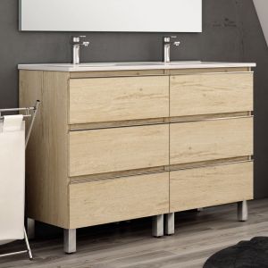 Meuble de salle de bain 120cm double vasque - 6 tiroirs - sans miroir - PALMA - bambou (chêne clair)