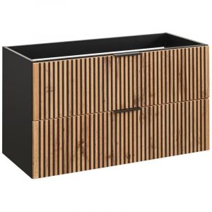 Vente-unique - Meuble sous vasque suspendu stri&eacute; - Naturel clair et noir - 80 cm - madela