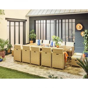 Cuba – salon de jardin encastrable en résine tressé beige - 14 places - coussins beige - Beige