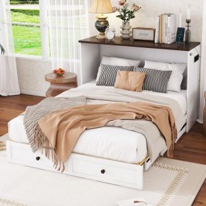 Fortuna Lai - Lit escamotable 140x200cm - Lit plat transformable avec tiroirs, &eacute;tag&egrave;re en t&ecirc;te de lit avec port charge - sans matelas - blanc