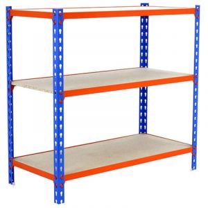 Simon Rack Étagère Rangement et 3 Niveaux en Boix, 150 kg Capacité de Charge et Point de Flexion, 900x800x400 mm, Étagère Charge Lourde, Étagère Garage, Bleu/Orange/Bois - Maderclick