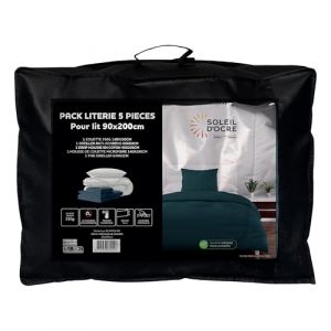 Soleil d'Ocre Ensemble Couette et Parure 5 Pi&egrave;ces Boheme Bleu Canard pour lit en 90x200 cm