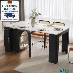 Desserte de cuisine -&Icirc;lot de cuisine mobile blanc/noir, table extensible 3 plateaux 83&ndash;149,6&times;77 cm, plateau effet marbre, MDF+verre, LED, prises
