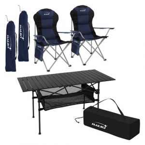 Hauki Set de Meubles de Camping, 3 Pi&egrave;ces, Table en Aluminium, Noire, 2 Chaises de P&ecirc;che
