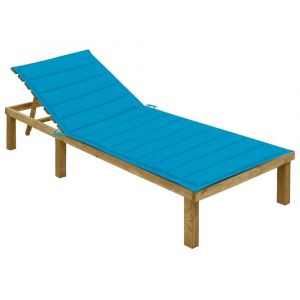 Transat chaise longue bain de soleil lit de jardin terrasse meuble d'extérieur 200 cm avec coussin bleu bois de pin imprégné 02_0012308