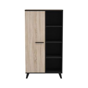 Calicosy Buffet Haut 1 Porte 4 Niches L83 x H153,9 cm - Décor chêne et noir - 83 cm X 39,2 cm X 153,9 cm - WAYNE Chene Brosse/noir Mat